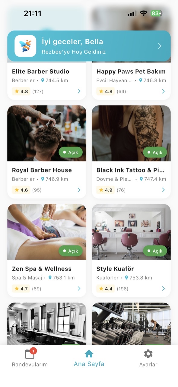 Rezbee uygulaması ana ekran